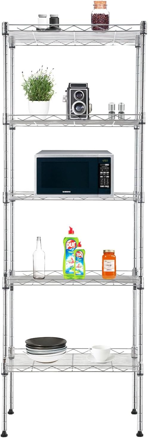 PayLessHere | 5-Tier Wire Shelf | 17"x12"x48" | Chrome | Adjustable Racks | Heavy-Duty Storage Shelves, Holds Upto 750 lbs | Rust-Resistant, No-Tool Assembly | for Home, Garage Shelving