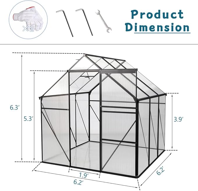 6 ft x 8 ft Aluminum Frame Greenhouse for Outdoor Use with Sloped Roof and Sliding Door for Garden Plant Protection (Black 6 * 6FT)