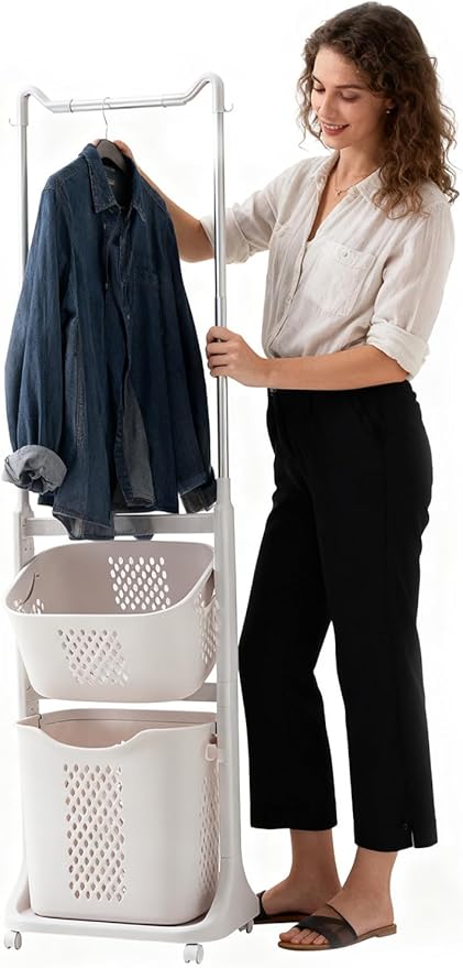 2-Tier Rolling Tiered Laundry Basket Organizer,Vertical Laundry Sorter with Wheels and Hanging Bar,Stacked Basket Holder for Bathroom & Laundry Room, White (68.5 Inch)