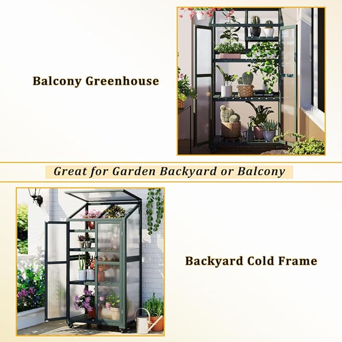 Sturdy Wooden Greenhouse for Balcony or Backyard Use with Rolling Wheels and Adjustable Shelving for Plant Growing (Green + Solid Wood + Wood)