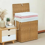 Laundry Hamper with Lid, 90L Foldable Laundry Basket with Removable Liner Bags, Handwoven Synthetic Rattan Clothes Hamper for Bathroom, Bedroom, Laundry Room, Yellow