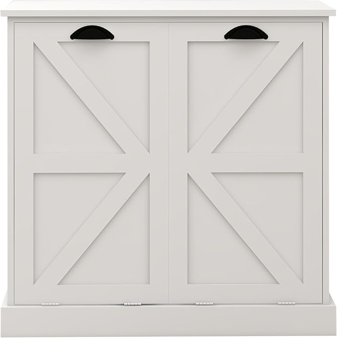 Tilt Out Laundry Sorter Cabinet with 2 Removable Liner Bags,Divided Laundry Hamper Cabinet with Semi-Circular Metal Handle and Barn Door for Space Saving (Style-01)
