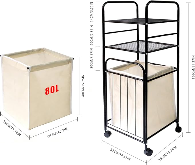 Rolling Storage Cart with Laundry Hamper, 3-Tier Rolling Utility Cart, Removable Laundry Basket - Metal Storage Organizer with Lockable Wheels for Bathroom - 80L, 14.4" x 13.8" x 39.7"