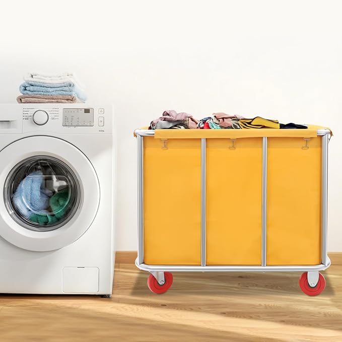 Commercial Laundry Cart with Wheels | Large Laundry Basket with Wheels | Laundry Hamper | Laundry Sorter for Clothes Storage | Ox Cloth | 260 lbs Load | 35.43x25.6x31.5in (Yellow)
