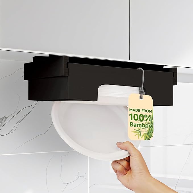 Bamboo Paper Plate Dispenser 9 inch - Wooden Paper Plate Dispenser Under Cabinet, Kitchen Countertop Vertical Plate Holder Organizer Black