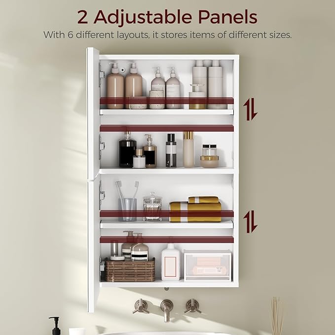 Medicine Cabinet with Mirror, Bathroom Cabinet Wall Mounted with 2 Mirrored Doors, Wooden Hanging Storage Cabinet with Adjustable Shelves, for Bathroom Vanity, Entryway, Living Room, White