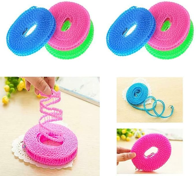 3 Pack of ALINNA Windproof Nylon Clothesline Pink Blue Green Colors Adjustable Clothes Drying Rope Travel Clothes Line Portable Laundry Line for Indoor Outdoor Camping Home Hotel(5m/16.4ft)