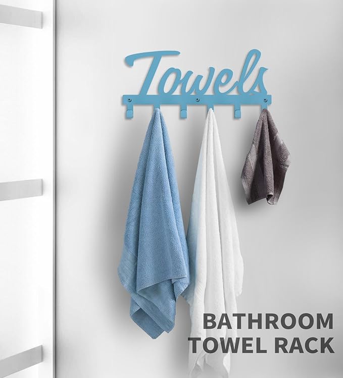 Livelab Towel Rack, Towel Racks for Bathroom Wall Mounted, 6 Hooks Blue Metal Towel Holder for Bathroom Space Saving, Waterproof Rustproof Easy Install Bathroom Decor Towel Hanger Organizer