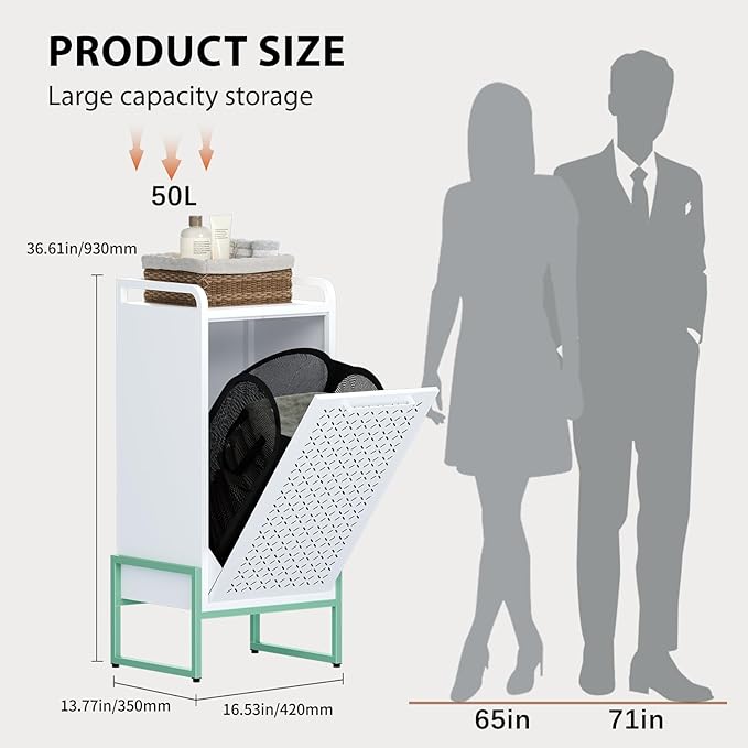 Stylish Trendy 16-Gallon Tilt-Out Laundry Hamper with Removable Basket & Hidden Trash Cabinet, Sturdy Water-Resistant Steel Space-Saving Storage 13.77"D x 16.53"W x 36.51"H for Small Bathroom Green
