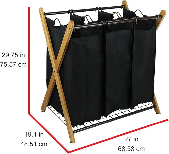 Oceanstar XBS1484 Bamboo 3-Bag Laundry Sorter Black, 29.75 in. H x 19.10 in. W x 27 in.