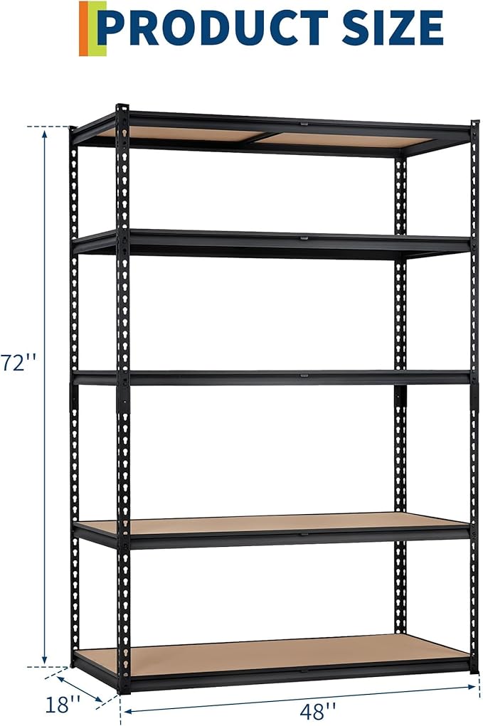 Heavy Duty Garage Storage Shelves, 5-Tier Adjustable Metal Shelving Unit, Up to 2500 Lb Capacity, 48" l x 18" w x 72" h Storage Rack for Kitchen, Pantry, Basement, Bathroom & Laundry