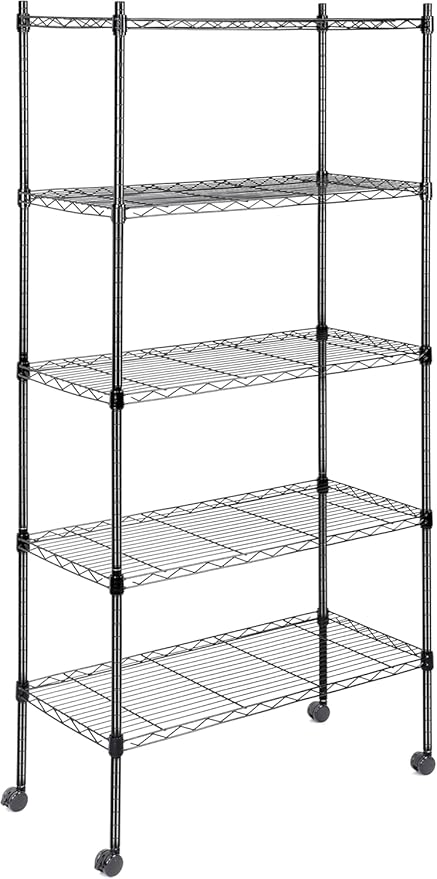 Simple Deluxe 5-Tier Storage Shelving Units, 24.02" W x 13.78" D x 59" H Wire Shelf with Wheels & Leveling Feet, Black