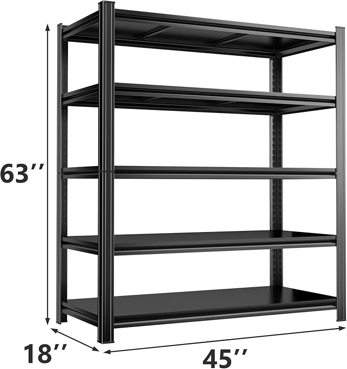 Adjustable 5-Tier Garage Shelving, Heavy Duty Steel Storage Rack, High Load Capacity, Ideal for Garage, Warehouse, or Home Organization (5-Tier 63" H x 45" W x 18" D)