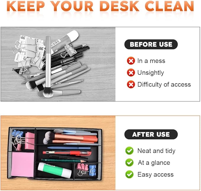 Desk Drawer Organizer, Office Metal Mesh Drawer Divider Organizer Tray with 6 Compartments, Pen Organizer for Desk Drawers Tray Desktop Accessories(COLOR:Black)