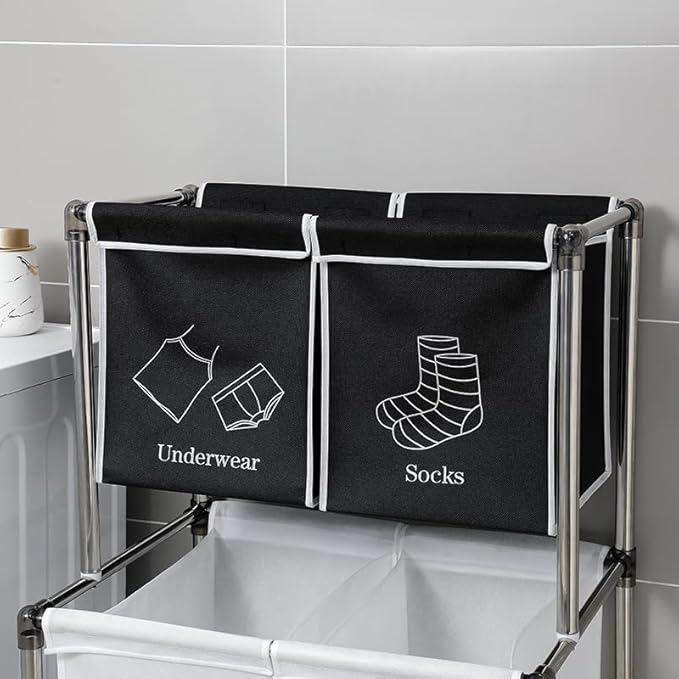 Laundry Basket 2 Tier Clothes Sorter with 4 Removable Bags to Organize Clothes, With Four Wheels, Easy to Move, Laundry, Light, Dark