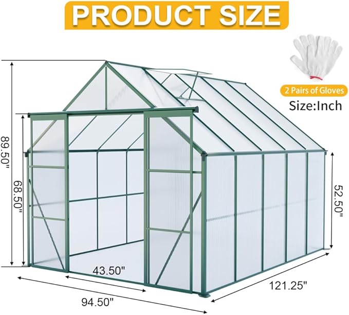 Heavy-Duty Walk-in Polycarbonate Greenhouse with Dual Sliding Doors, Adjustable Roof Ventilation, and Galvanized Steel Base for Year-Round Outdoor Gardening (Green 8*10FT)