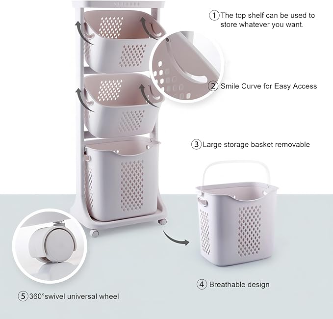 4-Tier Vertical Laundry Hamper Sorter, Laundry Storage Organizer with Wheels Removable Rolling Laundry Baskets, Bathroom Cart for Dirty Clothes (White) (4-Tier)