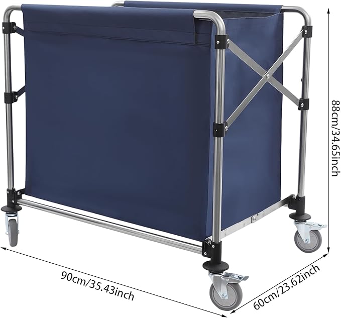 Commercial Laundry Cart with Wheels 220LBS Load Laundry Cart Rolling Laundry Basket with Removable Bag Foldable Laundry Sorter for Home, Hotel, Hospital (Blue)