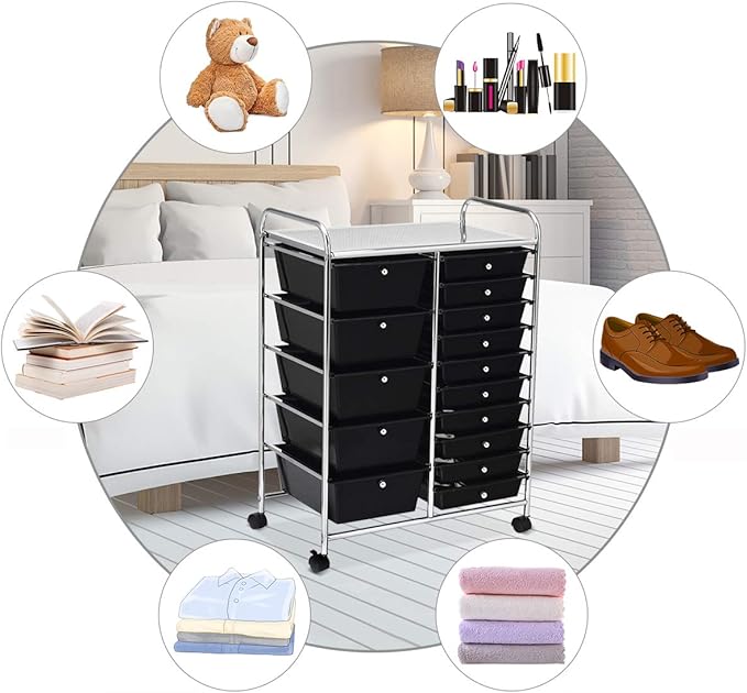 RELAX4LIFE 15 Drawer Rolling Storage Cart, Mobile Drawer Carts for Craft Art Supply Paper Salon, Utility Cart on Wheels for Classroom Teacher School Office, Rolling Cart with Drawers (Black)
