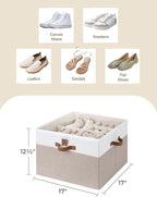 StorageWorks Shoe Organizer for Closet, Fits up to 16 Pairs, Shoe Cubby Storage Containers with Adjustable Dividers and Clear Cover, Brown & White