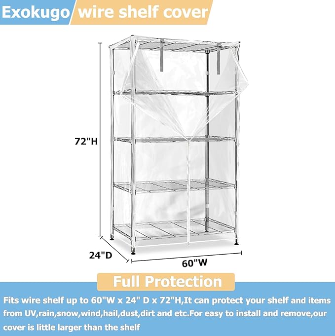 Wire Shelf Cover,600D Heavy Duty 100% Waterproof Shelf Covers for Wire Shelving,Outdoor Storage Shelves Cover for Metal Rack,60" W x 24" D x 72" H,Clear