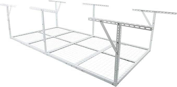 3 X 8 FT Garage Ceiling Storage Racks, Heavy Duty Overhead Garage Storages Rack with Adjustable Hight, Metal Hanging Garages Storage Rack with Support Rod, 22''- 40" Adjustable, 600 LBS (White, 3x8FT)