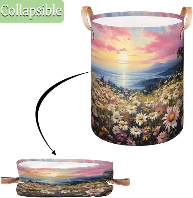 Spring Daisy Floral Collapsible Laundry Basket Large Laundry Hamper Waterproof Foldable Storage Bins Laundry Basket with Leather Handles Clothes Nursery Hampers