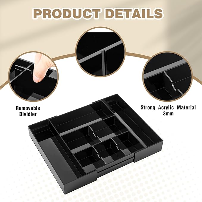 1 Pcs Acrylic Desk Drawer Organizer 9'' up to 18'' x 12'' x 2.1'' Expandable Drawer Organizer Trays with 8 Adjustable Compartments Black Desk Accessories for Makeup Office Bathroom