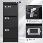 3-Drawer File Cabinet, Locking Metal Vertical File Storage for Home Office, Black, 15" W x 17.7" D x 38.6" H