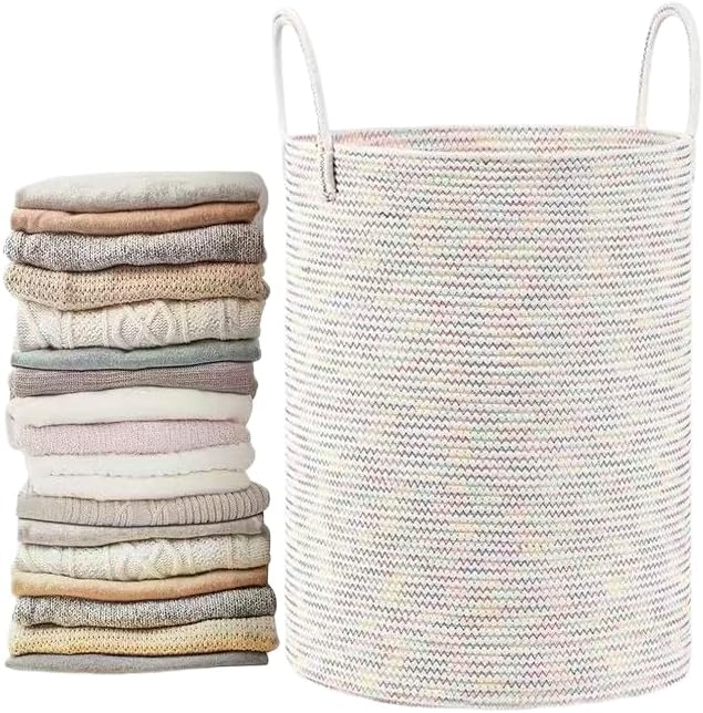 58L Cotton Rope Laundry Basket - Large Collapsible Storage Hamper with Handles Suitable for seasonal storage, toy storage, and a great gift for women (Colorful)