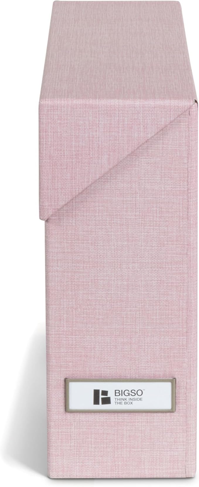 Bigso Lovisa Fiberboard Label Frame 12 File Storage Box - Paperwork Storage Box with Metal Label Holder - Durable Document Organizer with Flip Top Lid - 3.7in x 13in x 9.4 in - Melange Pink