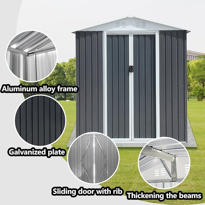 Heavy-Duty Outdoor Garden Shed with Aluminum Alloy Frame, Hinged Door, and Stable Foundation for Secure Storage (6x4 Feet Grey with Metal Base)