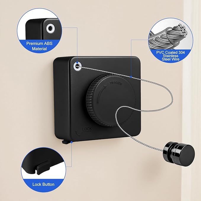 15.7Ft Retractable Clothesline Indoor Outdoor is Also an Anti-sag Clothes line for Indoors, Stainless Steel Wire Retractable Laundry Line for Drying Clothes, with 10 Windproof Clips (Black)