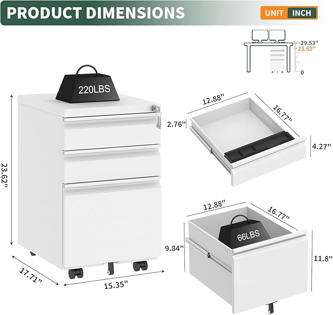 3 Drawer File Cabinet with Lock,Under Desk Rolling Small Filing Cabinet for Home Office Storage, Mobile Steel Cabinets with Wheels, Fully Assembled, White