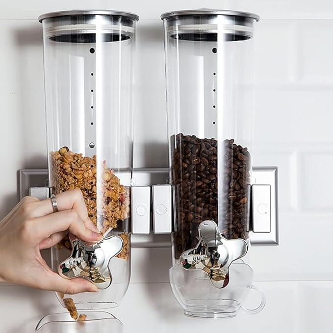 2 Pack Cereal Dispensers,Wall Mounted Dry Food Dispenser,Large Capacity Candy Dispenser,Grain Storage Dispenser,Rice Dispenser w/Cup for Kitchen Storage Oatmeal Snack Coffee Beans Nuts 3L (Silver)
