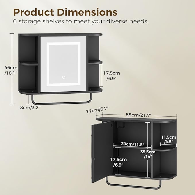 Bathroom Wall Cabinet with Mirror, Mirrored Medicine Cabinet with 3 Colors LED Light and 4 Open Shelves, Wall Mounted Over Toilet Storage Cabinets with Adjustable Shelf, 21.7"L x 6.7"W x 18.1"H, Black