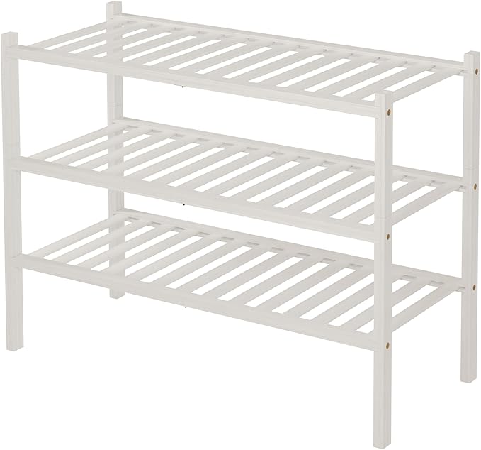 3 Tier Bamboo Shoe Rack for Closet Free Standing Wood Shoe Shelf Storage Organizer for Entryway Small Space Stackable 27"x11"x20" (White)