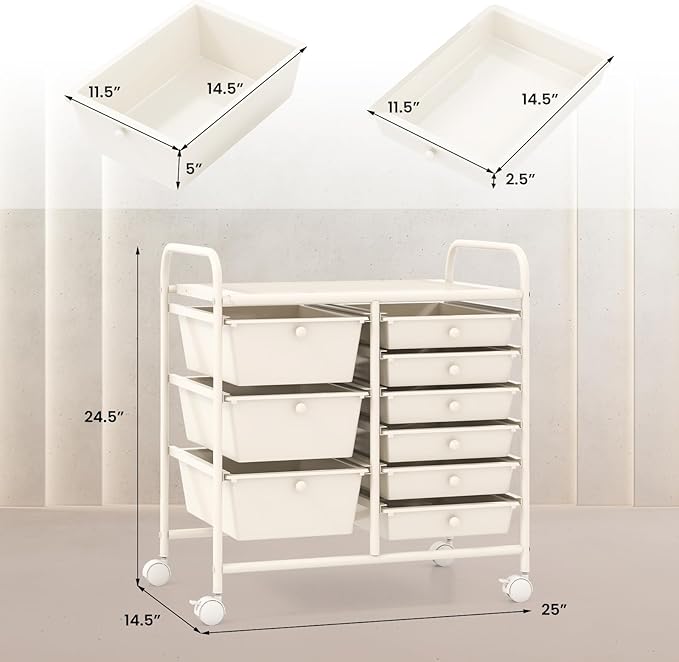 RELAX4LIFE 9 Drawer Rolling Storage Cart - Mobile Drawer Carts for Craft Art Supply Paper Salon, Utility Cart on Wheels for Classroom Teacher School Office, Rolling Cart with Drawers (Ivory White)