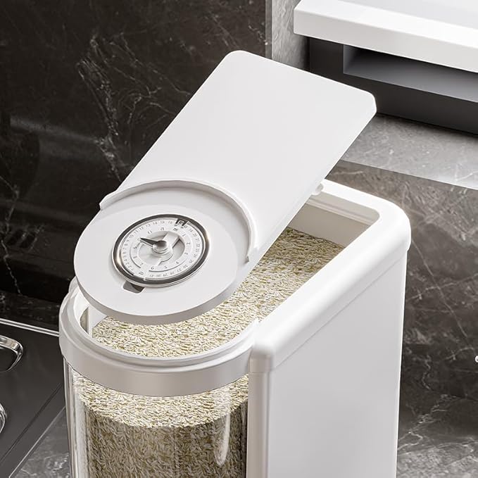 25 Lbs Rice Container with Measuring Cup, Upgraded Built-in Fresh Box, Cereal Dispenser Storage with Lids for Home Kitchen Pantry Rice Soybean Corn And large grain grains-White