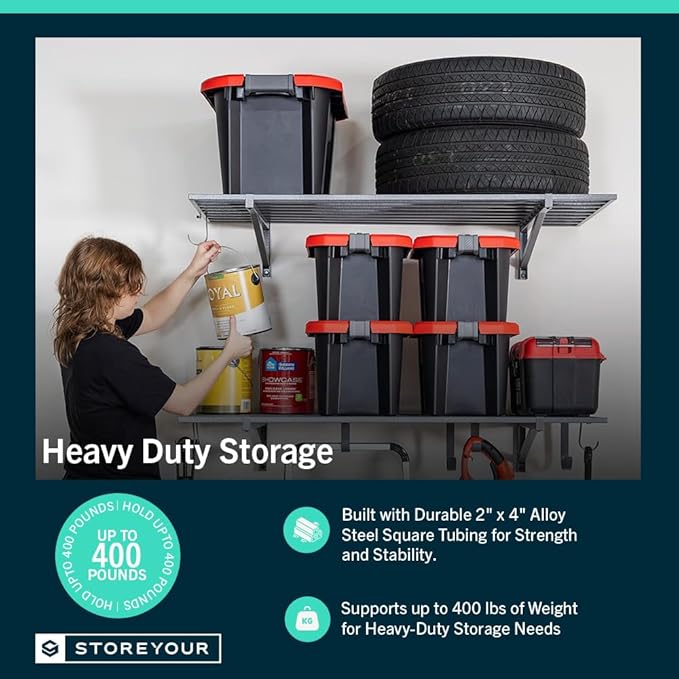 StoreYourBoard Heavy Duty Garage Shelf Wall Mount 2ft x 4ft – Wall-Mounted Shelving for Storage & Organization – Heavy Duty Garage Shelves for Tools, Bins, & Equipment – Holds 400 lbs – Gray