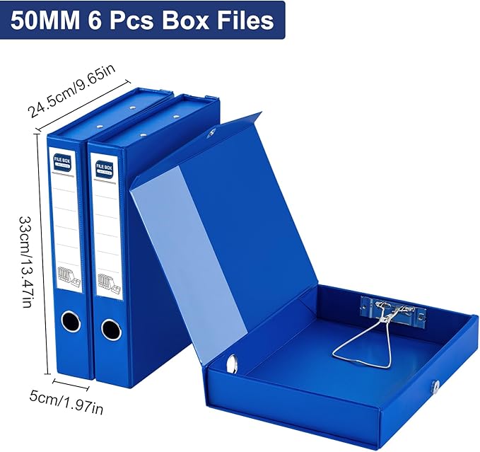 Storage File Boxes A4, 6 Pack Foldable File Box with Clip, 50mm Spine, Plastic Archives Cases with Magnetic Closure, Document File Folder Organizer Storage Filing Box for Office School, Blue