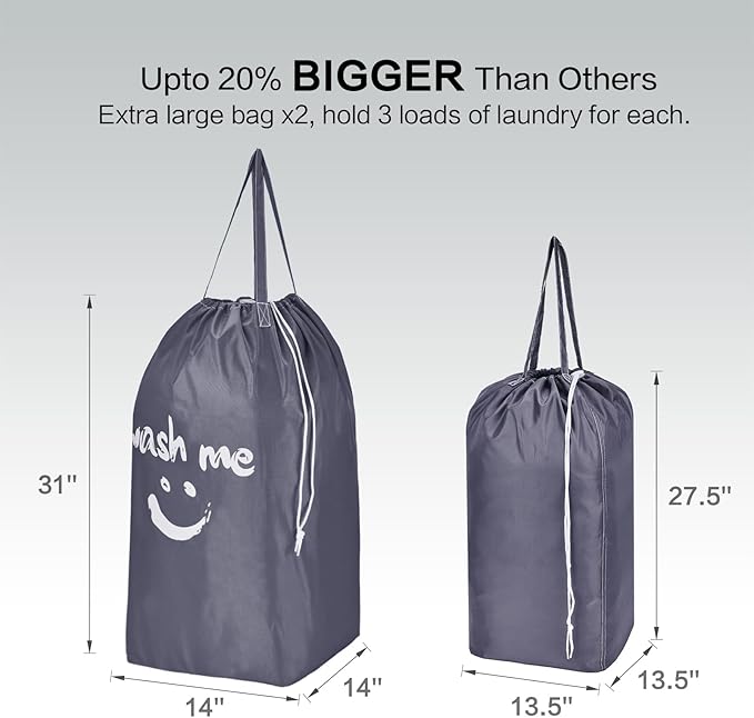 HOMEST 2 Pack Wash Me Travel Laundry Bag with Handles, Square Base Can Carry Up to 3 Loads of Clothes, Dirty Garments Storage with Drawstring Closure,Light Blue and Grey