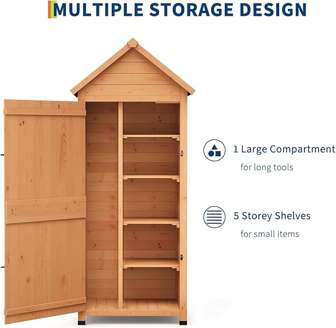 GarveeLife Outdoor Wooden Storage Shed Waterproof, 63 in Vertical Outdoor Storage Cabinet with 4 Shelves & Lockable Door, Space-Saving Garden Tool Shed for Patio, Yard, Lawn