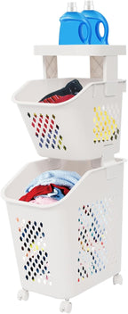 Laundry Hamper Basket Sorter, Multi-Tier PP Laundry Sorter Cart with 4 Wheels, Removable Rolling Laundry Baskets, Heightened Fence, Elevated Bottom (2-Tiers 15.1x29.6in)