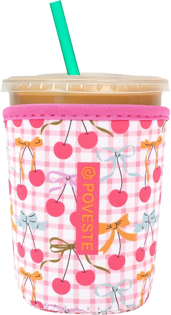 Reusable Neoprene Insulator Sleeve for Iced Coffee & Cold Soda, Coffee Sleeves for Iced & Hot Drinks, Cold Beverage Cooler Compatible with Starbucks, Dunkin (Cherry Picked, Small: 16-18oz)