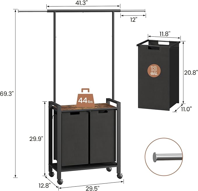 Large Laundry Hamper With Hanging Clothes Rack –2-Section Rolling Laundry Basket With Removable Pull-Out Sorting Bags, Wheeled Organizer for Laundry Room, Bathroom & Bedroom（2 Hampers, black）