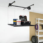 Overhead Garage Storage Rack, 4x4Ft Ceiling Storage Lift 79in Adjustable Height Garage Storage Organization Systerm, Heavy Duty Metal Garages Ceiling Storage Racks, 300lbs Load Capacity (Matte Black)