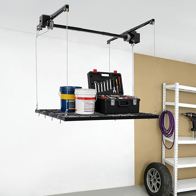 Overhead Garage Storage Rack, 4x4Ft Ceiling Storage Lift 79in Adjustable Height Garage Storage Organization Systerm, Heavy Duty Metal Garages Ceiling Storage Racks, 300lbs Load Capacity (Matte Black)