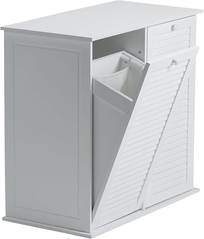 Household Essentials Tilt-Out Laundry Sorter Cabinet with Shutter Front, White, White Wood Shutter