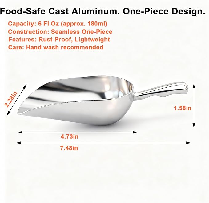 6 OZ Cast Aluminum Utility Scoop, One-Piece Solid Ice Scoop for Ice Bucket, Bar, Kitchen, Multipurpose Food Scooper for Flour, Sugar, Popcorn, Dog Food (Silver) (6OZ)
